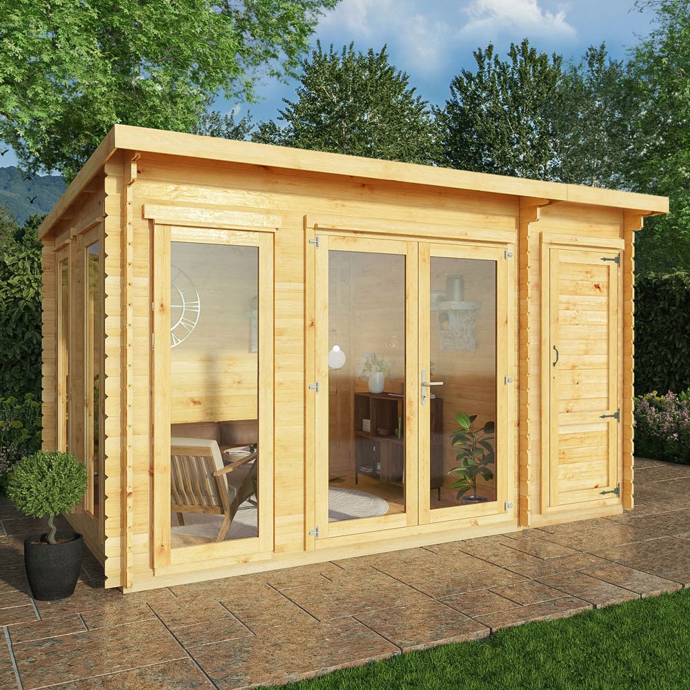 Mercia 4.1mx3m Studio Pent Log Cabin With Side Shed 28mm-elbec garden ...