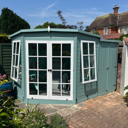 7 x 11 Shire Hampton Premium Corner Summerhouse with Side Shed 7 x 11 Shire Hampton Premium Corner Summerhouse with Side Shed