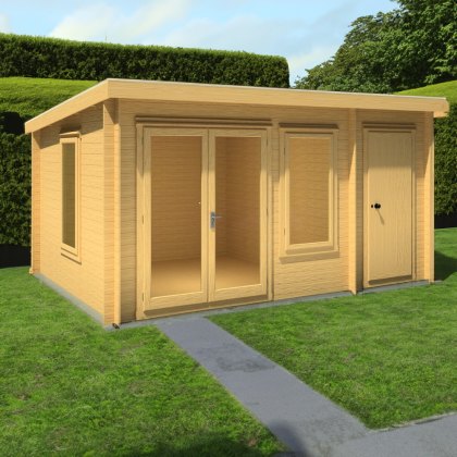 10G x 14 (2.99m x 4.19m) Shire Elm Log Cabin with Side Shed in 19mm Logs