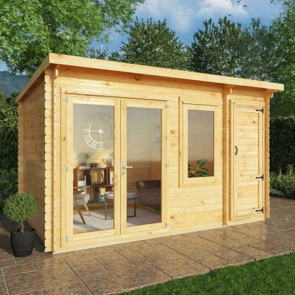 4.1m x 3m Mercia Elite Pent Log Cabin With Side Shed - 28mm Logs