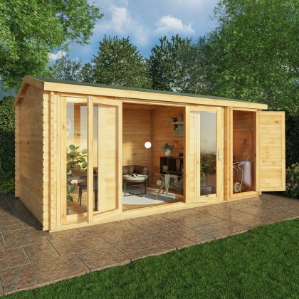 5.1m x 3m Mercia Home Office Studio Log Cabin With Side Shed - (28mm to 44mm Logs)