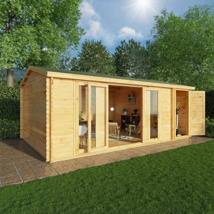 6.1m x 4m Mercia Home Office Studio Log Cabin With Side Shed - (28mm to 44mm Logs)