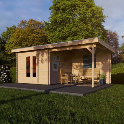 6m x 3m Lugarde Pent Log Cabin with Side Canopy in 28mm Wall Thickness - Double Glazing