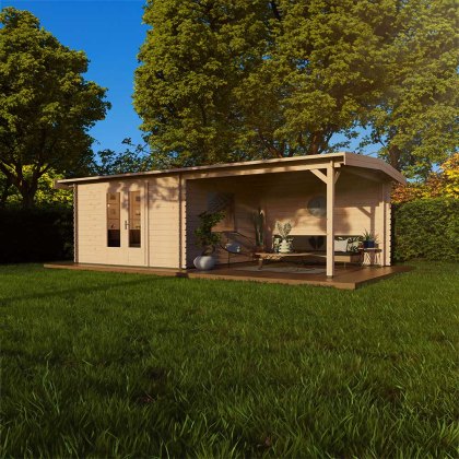 6m x 3m Lugarde Reverse Apex Roof Log Cabin with Side Canopy in 28mm Wall Thickness