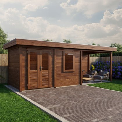 7m x 2.5m Lugarde Dublin Summerhouse With Side Canopy In 28mm & 44mm Wall Thickness - Brown