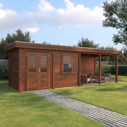 8m x 2.5m Lugarde Belfast Summerhouse with Side Canopy in 28mm & 44mm Wall Thickness - Brown