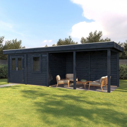 8m x 2.5m Lugarde Belfast Summerhouse with Side Canopy in 28mm & 44mm Wall Thickness - Black