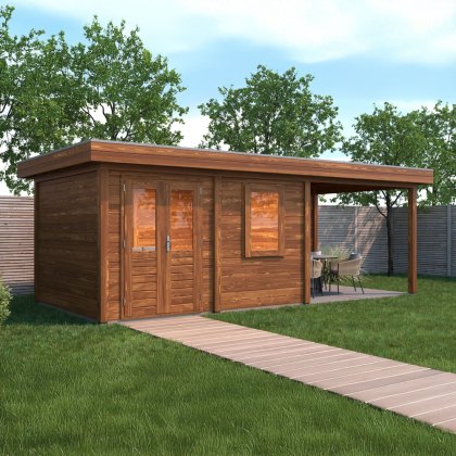 7m x 3m Lugarde Newport Summerhouse With Side Canopy In 28mm & 44mm Wall Thickness - Brown