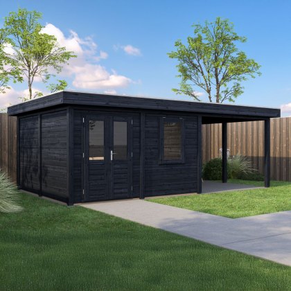 7m x 4m Lugarde Norwich Summerhouse with Side Canopy in 28mm & 44mm Wall Thickness - Black