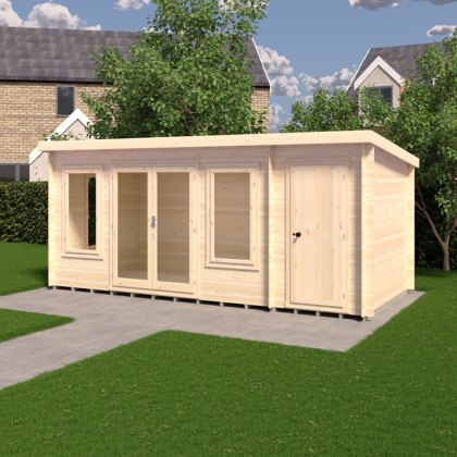 8G x 17 Shire Elm Log Cabin with Side Shed in 19mm Logs 8G x 17 Shire Elm Log Cabin with Side Shed in 19mm Logs