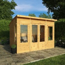 10x8 Mercia Helios Summerhouse - in situ, angle view, doors closed