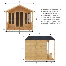8x8 Mercia Premium Traditional Summerhouse with Veranda - dimensions