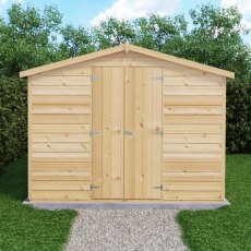 10 x 8 Shire Value Overlap Apex Garden Shed with Double Doors - in situ, front view, doors closed