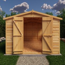 12x8 Shire Value Overlap Apex Garden Shed - in situ, front view, doors open