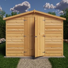 12x8 Shire Value Overlap Apex Garden Shed - in situ, front view, doors closed