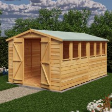 12x8 Shire Value Overlap Apex Garden Shed - in situ, angle view, doors open