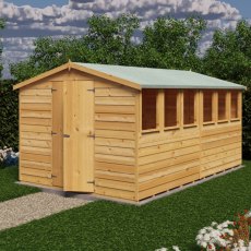 12x8 Shire Value Overlap Apex Garden Shed - in situ, angle view, doors closed