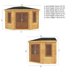 3mx3m Mercia Corner Log Cabin (28mm to 44mm Logs) - dimensions