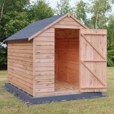 8x6 Shire Value Overlap Windowless Shed - in situ, angle view, doors open