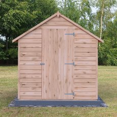 8x6 Shire Value Overlap Windowless Shed - in situ, front view, doors closed