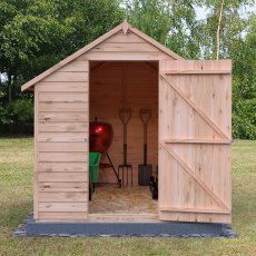 8x6 Shire Value Overlap Windowless Shed - in situ, front view, doors open