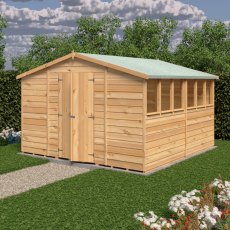 10x10 Shire Value Overlap Apex Workshop Shed with Double Doors - in situ, angle view