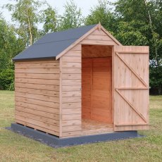 7x5 Shire Value Overlap Windowless Shed - in situ, angle view, doors open