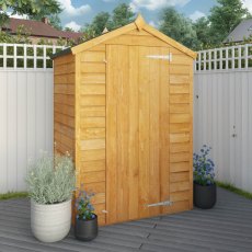 4x3 Mercia Overlap Apex Windowless Garden Shed - in situ, angle view, doors closed