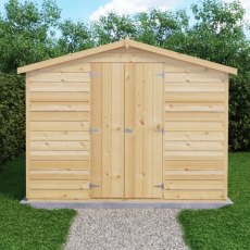 10x8 Shire Value Overlap Apex Shed - No Windows - in situ, front view, doors closed