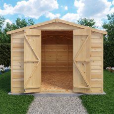 10x8 Shire Value Overlap Apex Shed - No Windows - in situ, front view, doors open