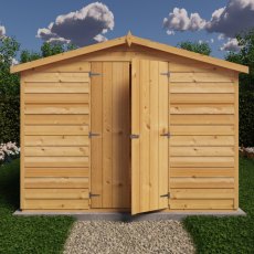 12x8 Shire Value Overlap Apex Garden Shed - No Windows - in situ, front view, doors closed