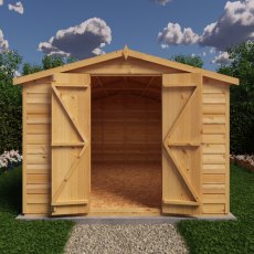 12x8 Shire Value Overlap Apex Garden Shed - No Windows - in situ, front view, doors open