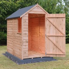 6x4 Shire Value Overlap Shed - in situ, angle view, doors open