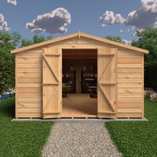 15x10 Shire Value Overlap Apex Workshop Shed - Double Doors - Windowless - in situ, front view