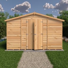 15x10 Shire Value Overlap Apex Workshop Shed - Double Doors - Windowless - in situ, front view, doors closed