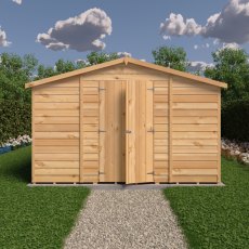 20x10 Shire Value Overlap Apex Workshop Shed - Double Doors - Windowless - in situ, front view, doors closed