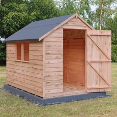 8x6 Shire Value Overlap Shed - in situ, angle view, doors open