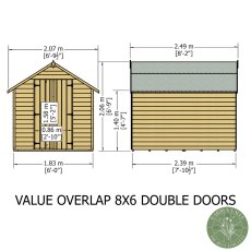 8x6 Shire Value Overlap Windowless Shed with Double Doors - dimensions