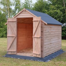 8x6 Shire Value Overlap Windowless Shed with Double Doors - in situ, angle view, doors open