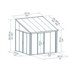 10 X 10 (3.05m X 3.05m) Palram Canopia SanRemo Grey Lean To Conservatory - dimensions