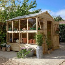 8x6 Forest Shiplap Potting Shed - Pressure Treated - in situ, angle view, doors open