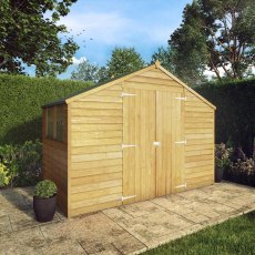 5x10 Mercia Overlap Apex Wooden Shed - in situ, angle view, doors closed