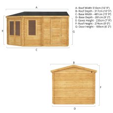 5mx3m Mercia Corner Lodge Plus Log Cabin with Side Shed (28mm to 44mm Logs) - dimensions
