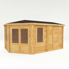 5mx3m Mercia Corner Lodge Plus Log Cabin with Side Shed (28mm to 44mm Logs) - isolated with side shed on the right with both doors closed