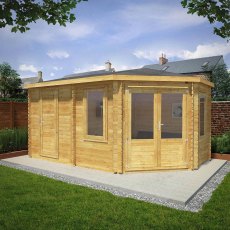 5mx3m Mercia Corner Lodge Plus Log Cabin with Side Shed (28mm to 44mm Logs) - lifestyle with side shed on the left with both doors closed