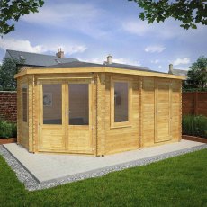 5mx3m Mercia Corner Lodge Plus Log Cabin with Side Shed (28mm to 44mm Logs) - lifestyle with side shed on the right with both doors closed