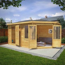 5mx3m Mercia Corner Lodge Plus Log Cabin with Side Shed (28mm to 44mm Logs) - lifestyle with side shed on the left with both doors open