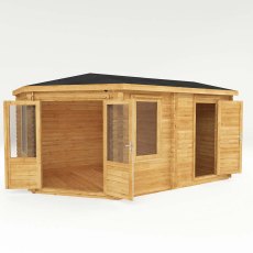 5mx3m Mercia Corner Lodge Plus Log Cabin with Side Shed (28mm to 44mm Logs) - isolated side shed on the right with both doors open