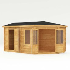 5mx3m Mercia Corner Lodge Plus Log Cabin with Side Shed (28mm to 44mm Logs) - isolated side shed on the left with both doors open