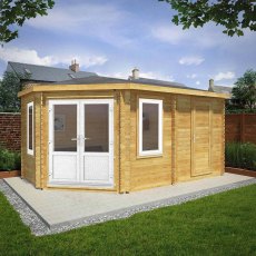 5mx3m Mercia Corner Lodge Plus Log Cabin with Side Shed (28mm to 44mm Logs) - UPVC white with side shed on the right